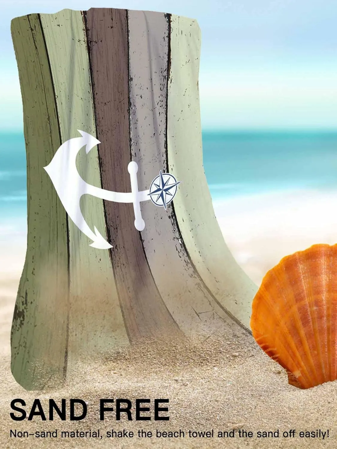 Oversized Beach Towel Anchor on Sage Green Farm Wood Grain Soft Quick-Dry Sand-Free Microfiber Towel for Travel/Surf/Swim/Pool/Vacation Compact Towel White Nautical Compass Bath Blanket, 30" x 60"