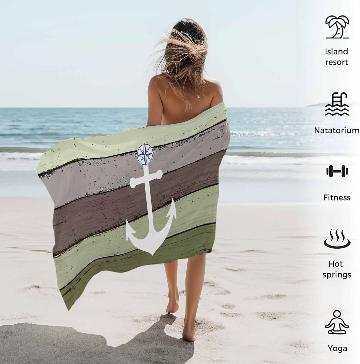 Oversized Beach Towel Anchor on Sage Green Farm Wood Grain Soft Quick-Dry Sand-Free Microfiber Towel for Travel/Surf/Swim/Pool/Vacation Compact Towel White Nautical Compass Bath Blanket, 30" x 60"