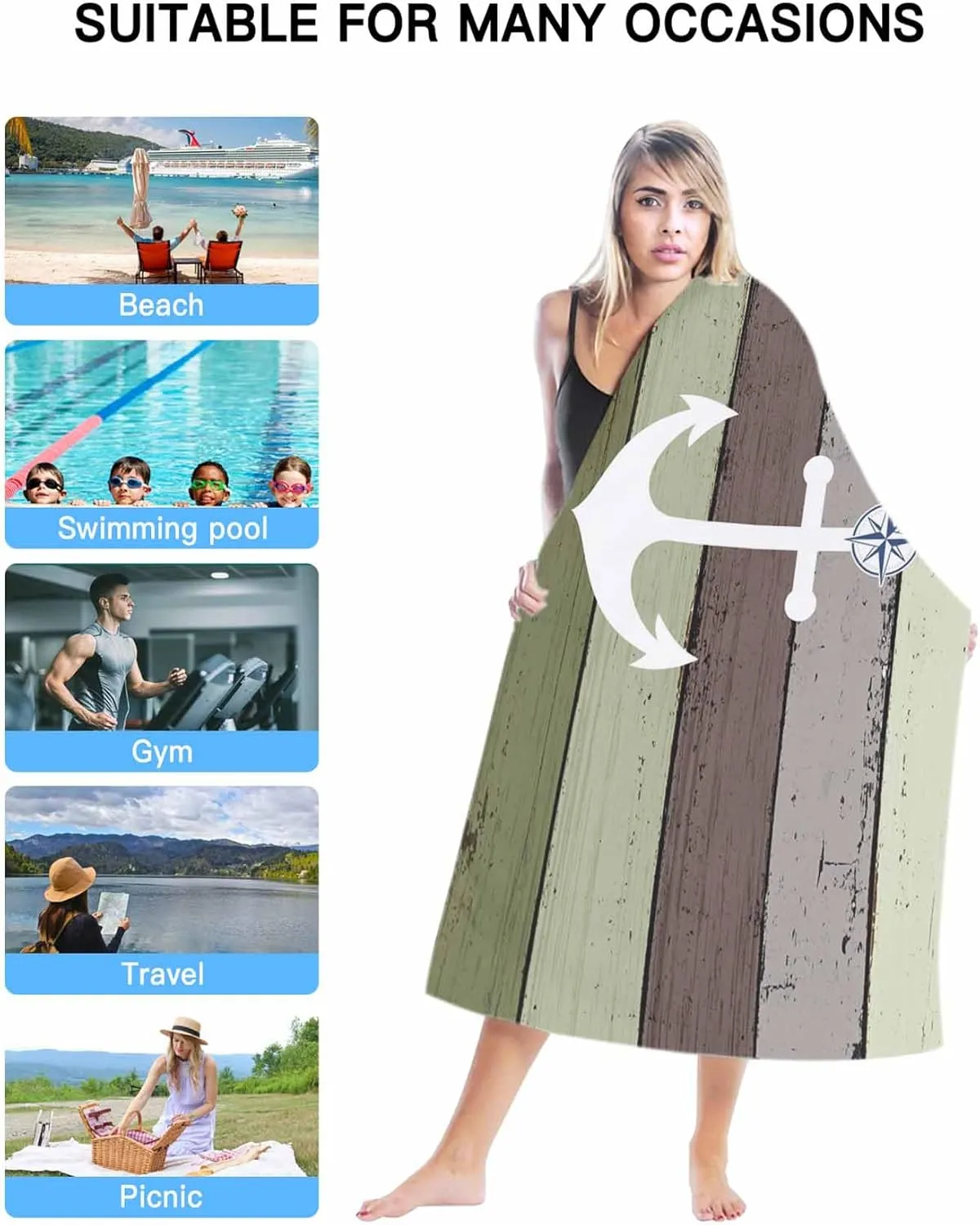 Oversized Beach Towel Anchor on Sage Green Farm Wood Grain Soft Quick-Dry Sand-Free Microfiber Towel for Travel/Surf/Swim/Pool/Vacation Compact Towel White Nautical Compass Bath Blanket, 30" x 60"
