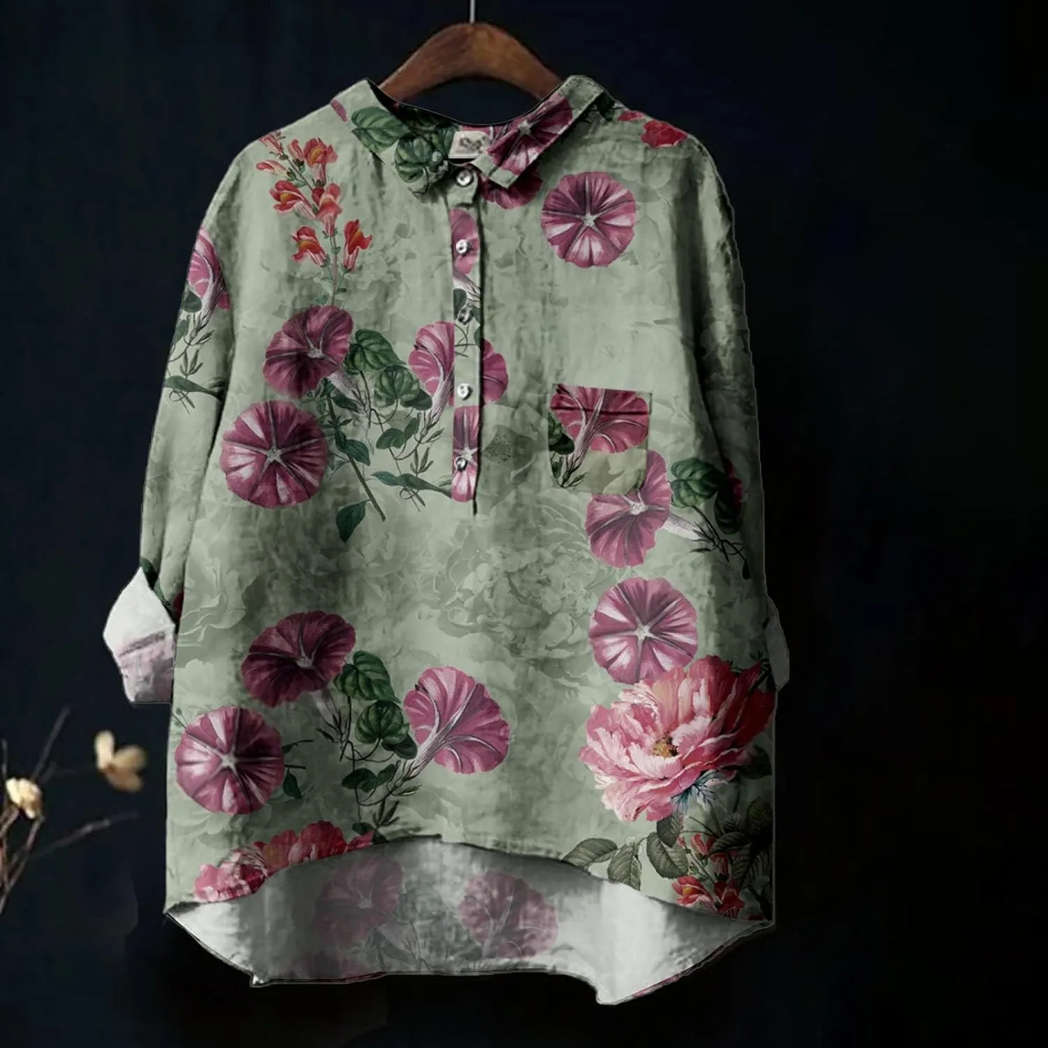 Oversized Crew Neck Linen Shrits for Women Loose Fit Tee Tops Lapel Neck Button Blouses Long Linen Button Down Clothes