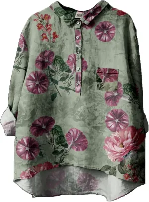 Oversized Crew Neck Linen Shrits for Women Loose Fit Tee Tops Lapel Neck Button Blouses Long Linen Button Down Clothes