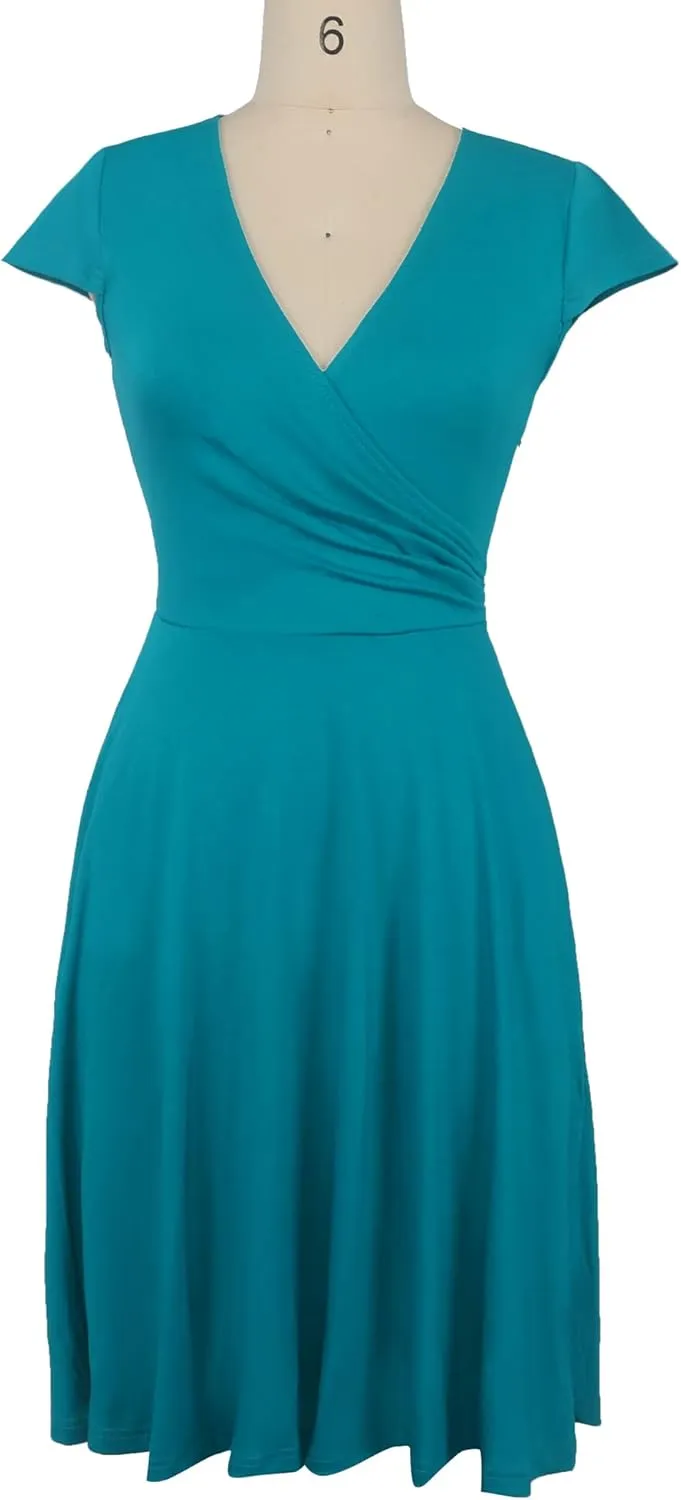 oxiuly Women's Vintage Dot V-Neck Cap Sleeve Casual Pockets Swing Tea Dress OX296