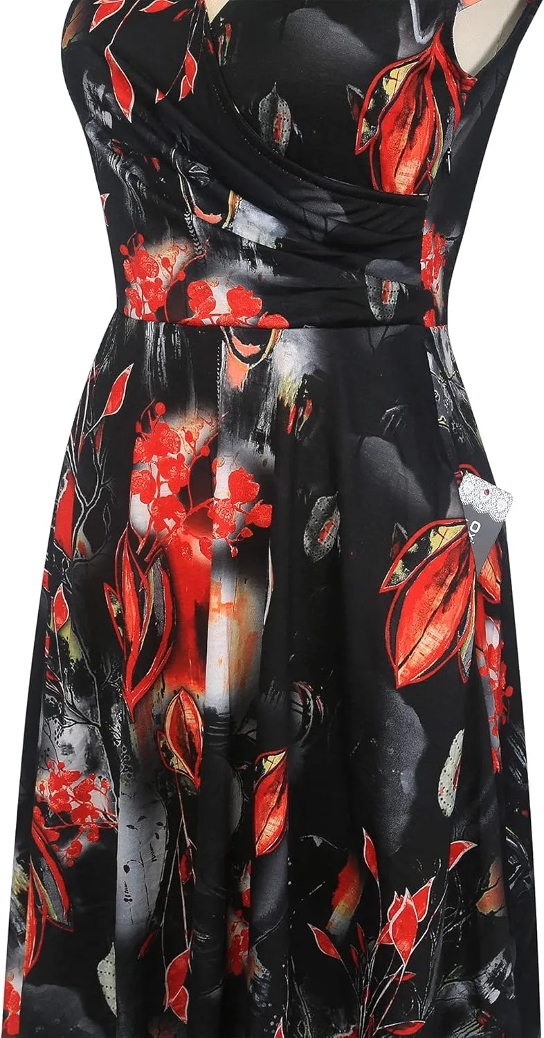 oxiuly Women's Vintage Dot V-Neck Cap Sleeve Casual Pockets Swing Tea Dress OX296
