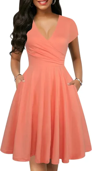 oxiuly Women's Vintage Dot V-Neck Cap Sleeve Casual Pockets Swing Tea Dress OX296