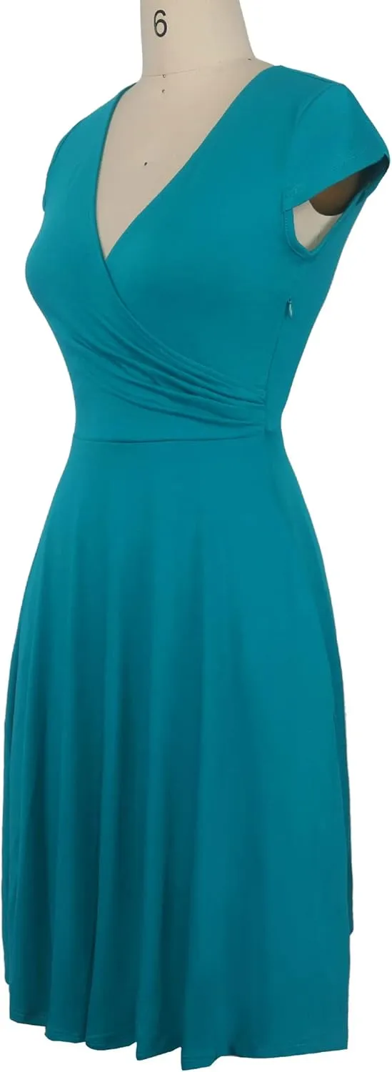 oxiuly Women's Vintage Dot V-Neck Cap Sleeve Casual Pockets Swing Tea Dress OX296