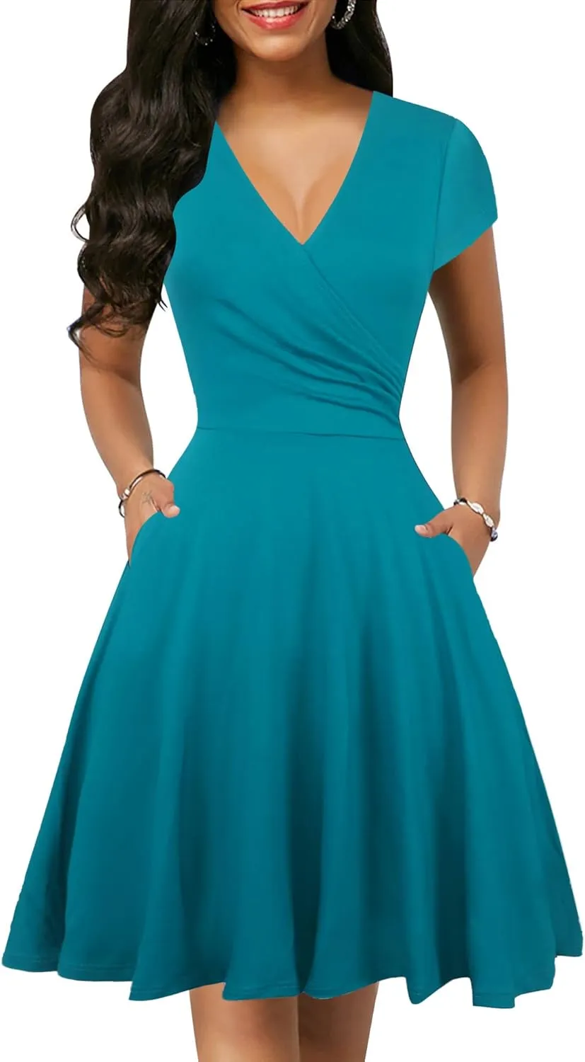 oxiuly Women's Vintage Dot V-Neck Cap Sleeve Casual Pockets Swing Tea Dress OX296