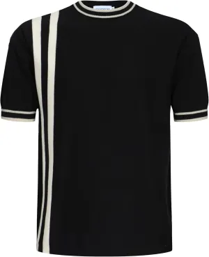 OXKNIT Mens Knitted Shirt Short Sleeve Retro Classic Crewneck Solid Shirt with Double Racing Striped