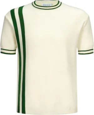 OXKNIT Mens Knitted Shirt Short Sleeve Retro Classic Crewneck Solid Shirt with Double Racing Striped