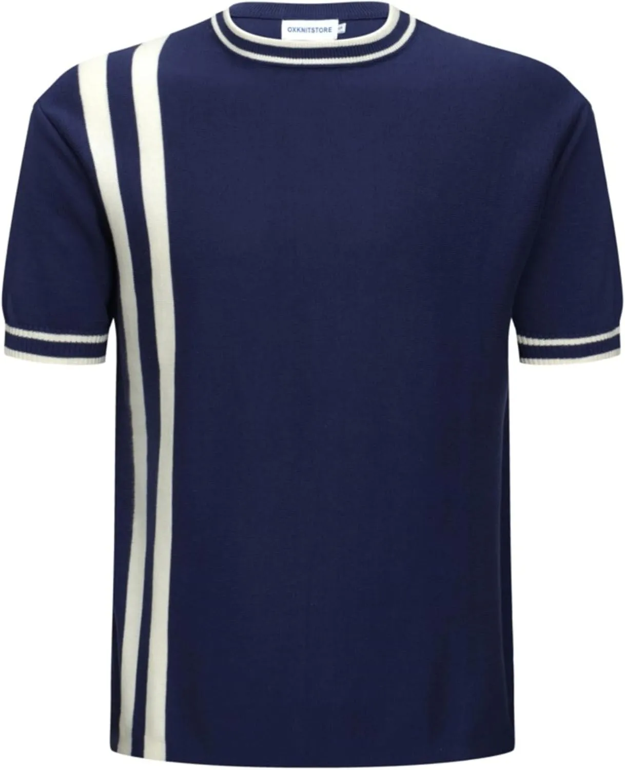 OXKNIT Mens Knitted Shirt Short Sleeve Retro Classic Crewneck Solid Shirt with Double Racing Striped
