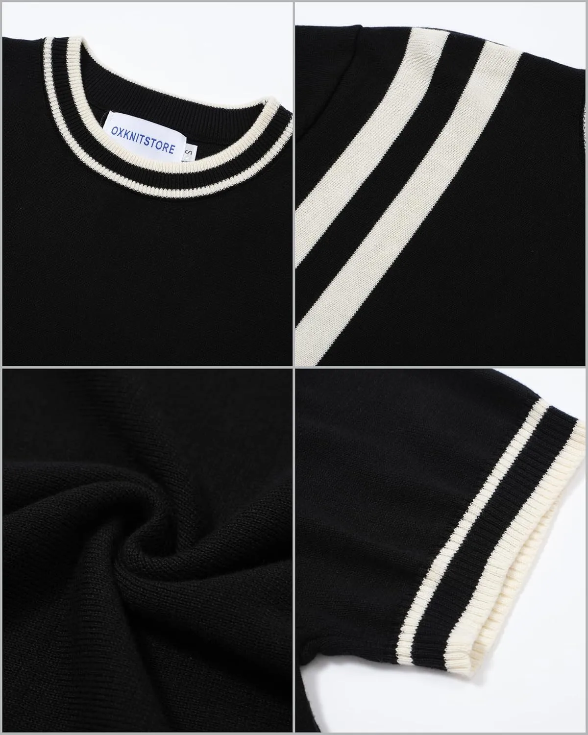 OXKNIT Mens Knitted Shirt Short Sleeve Retro Classic Crewneck Solid Shirt with Double Racing Striped