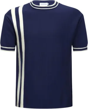 OXKNIT Mens Knitted Shirt Short Sleeve Retro Classic Crewneck Solid Shirt with Double Racing Striped