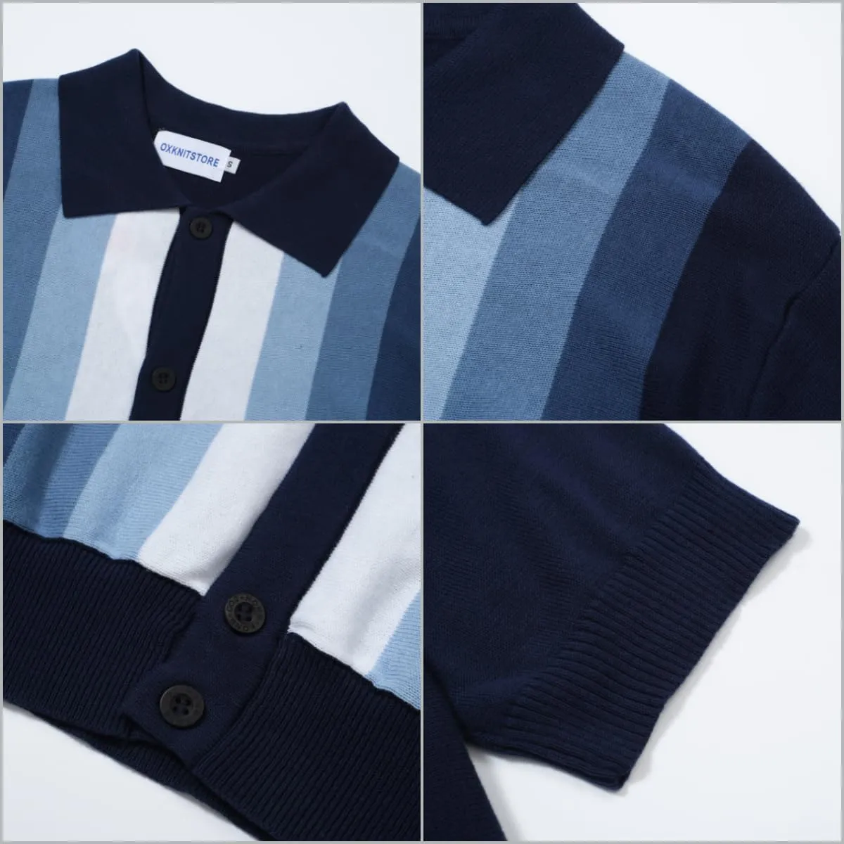 OXKNIT Men’s Knitted Vintage Polo, Gradient Stripe Short Sleeve Retro Polo Shirt for Men 60s&70s