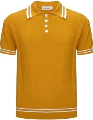 OXKNIT Men’s Knitted Vintage Polo Shirt, 1960s Mod Style Retro Polo Textures Shirt with Double Line Neck