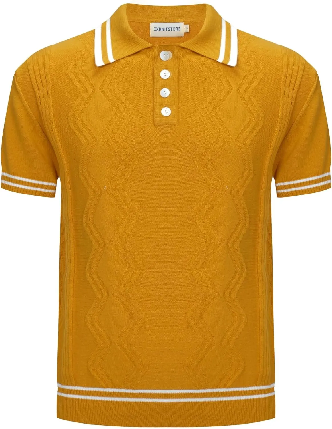 OXKNIT Men’s Knitted Vintage Polo Shirt, 1960s Mod Style Retro Polo Textures Shirt with Double Line Neck