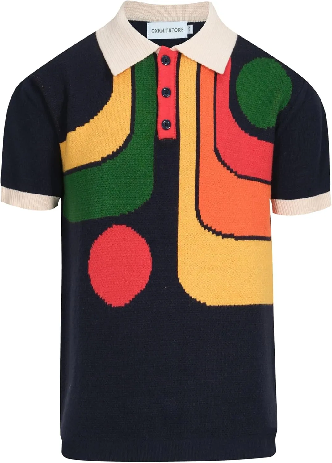 OXKNIT Men's Vintage Polo Shirt Geometric Patterns Dark Blue Knit Casual Summer Golf Poloshirts