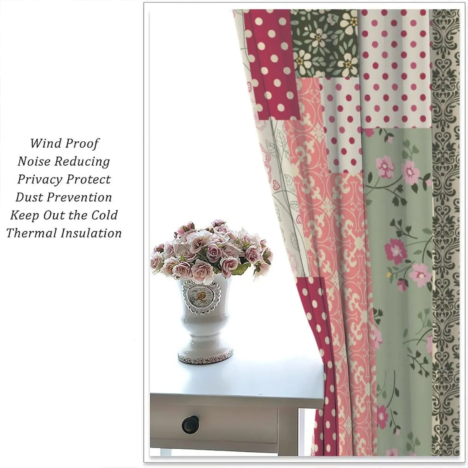 Patchwork Flower Curtains Pink Green Rustic Wildflowers Boho Retro Art Print for Kitchen Bedroom Living Room Blackout Rod Pocket Decoration Window Drapes 2 Panels W21xL45in