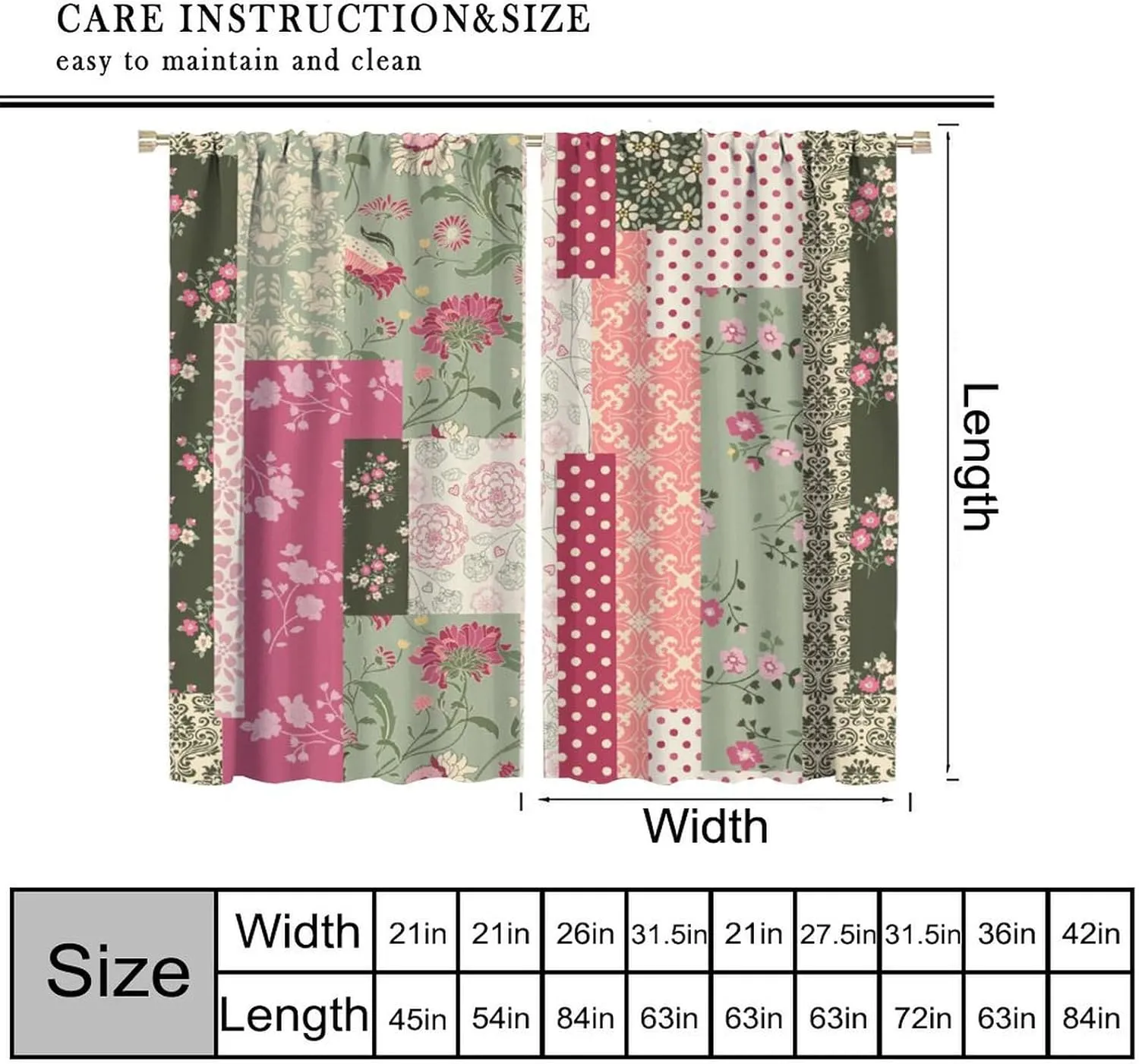 Patchwork Flower Curtains Pink Green Rustic Wildflowers Boho Retro Art Print for Kitchen Bedroom Living Room Blackout Rod Pocket Decoration Window Drapes 2 Panels W21xL45in