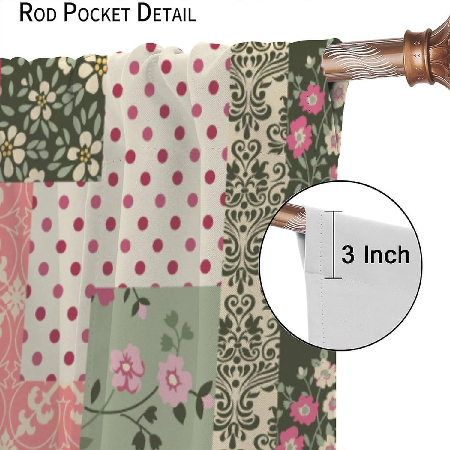 Patchwork Flower Curtains Pink Green Rustic Wildflowers Boho Retro Art Print for Kitchen Bedroom Living Room Blackout Rod Pocket Decoration Window Drapes 2 Panels W21xL45in