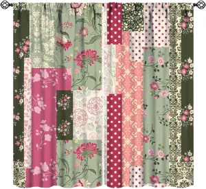 Patchwork Flower Curtains Pink Green Rustic Wildflowers Boho Retro Art Print for Kitchen Bedroom Living Room Blackout Rod Pocket Decoration Window Drapes 2 Panels W21xL45in