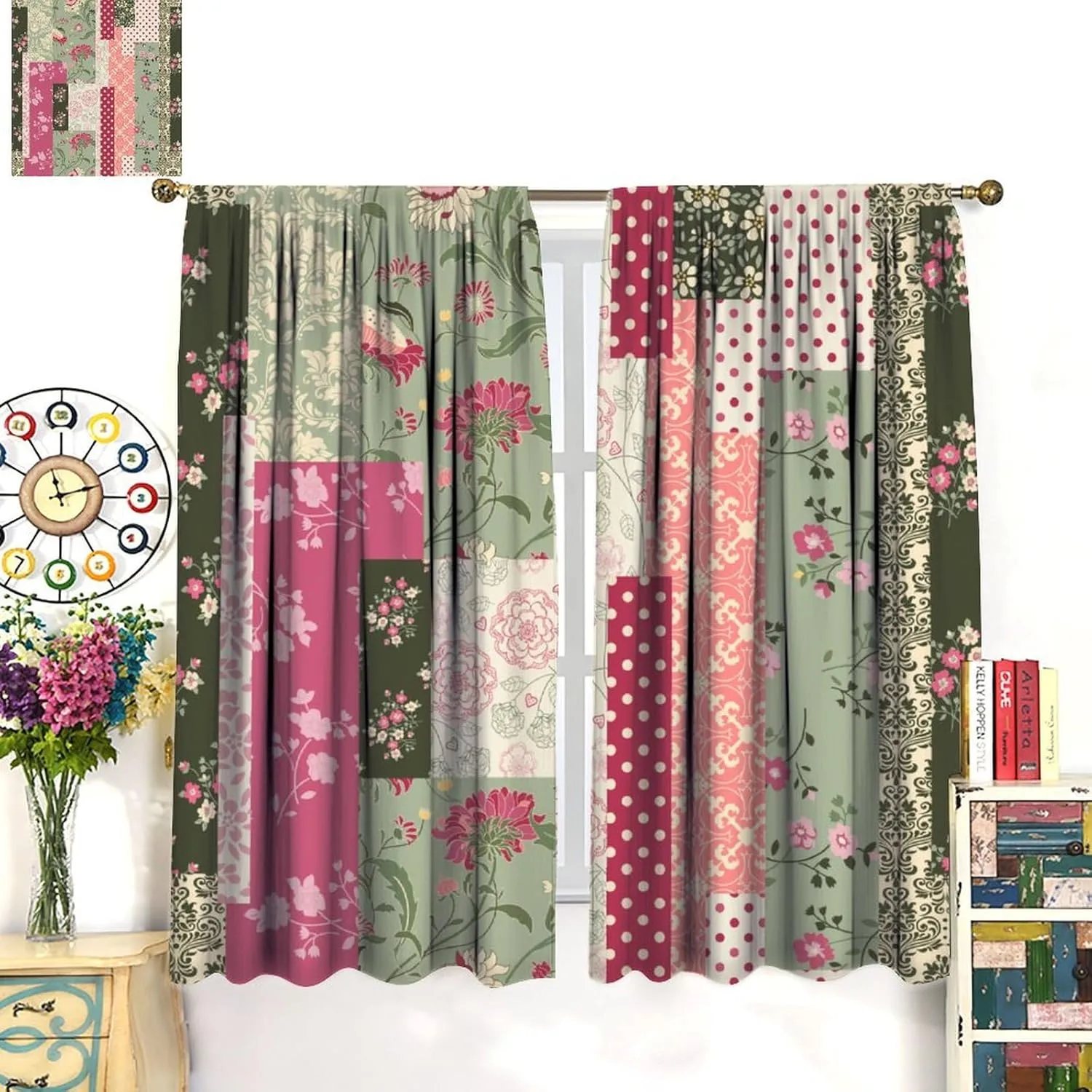 Patchwork Flower Curtains Pink Green Rustic Wildflowers Boho Retro Art Print for Kitchen Bedroom Living Room Blackout Rod Pocket Decoration Window Drapes 2 Panels W21xL45in