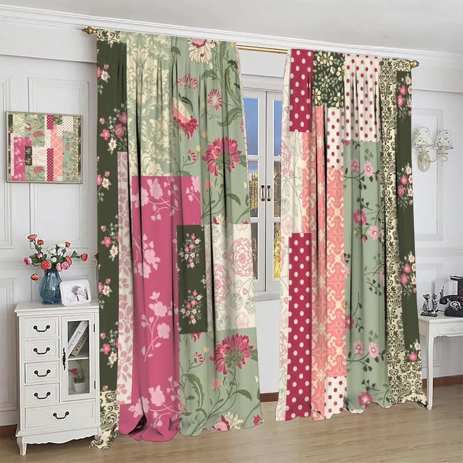 Patchwork Flower Curtains Pink Green Rustic Wildflowers Boho Retro Art Print for Kitchen Bedroom Living Room Blackout Rod Pocket Decoration Window Drapes 2 Panels W21xL45in