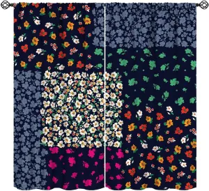 Patchwork Retro Blackout Curtians Rustic Farmhouse Spring Blooming Flowers Colorful for Girls Women Bedroom Living Room Rod Pocket Decoration Window Drapes 2 Panels W21xL45in