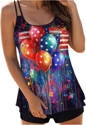 Patriotic Swimsuits for Women 4th of July Bathing Suit Red White and Blue 2 Piece Swimsuit Halter Star Striped Tankini Set