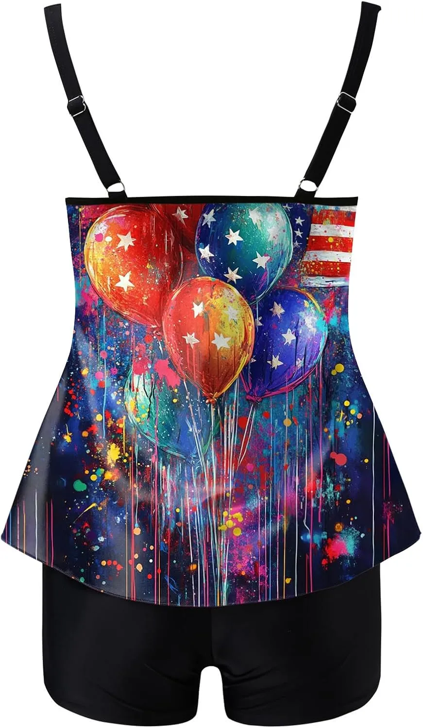 Patriotic Swimsuits for Women 4th of July Bathing Suit Red White and Blue 2 Piece Swimsuit Halter Star Striped Tankini Set