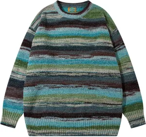 PEHMEA Men's Vintage Striped Sweater Oversized Knitted Pullover Crewneck Long Sleeve Colorblock Jumper Tops