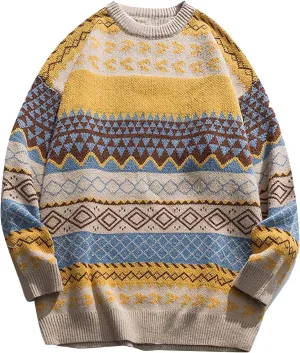 PEHMEA Men's Vintage Striped Sweater Oversized Knitted Pullover Crewneck Long Sleeve Colorblock Jumper Tops