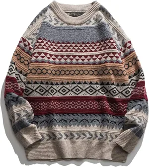 PEHMEA Men's Vintage Striped Sweater Oversized Knitted Pullover Crewneck Long Sleeve Colorblock Jumper Tops