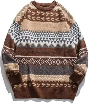 PEHMEA Men's Vintage Striped Sweater Oversized Knitted Pullover Crewneck Long Sleeve Colorblock Jumper Tops