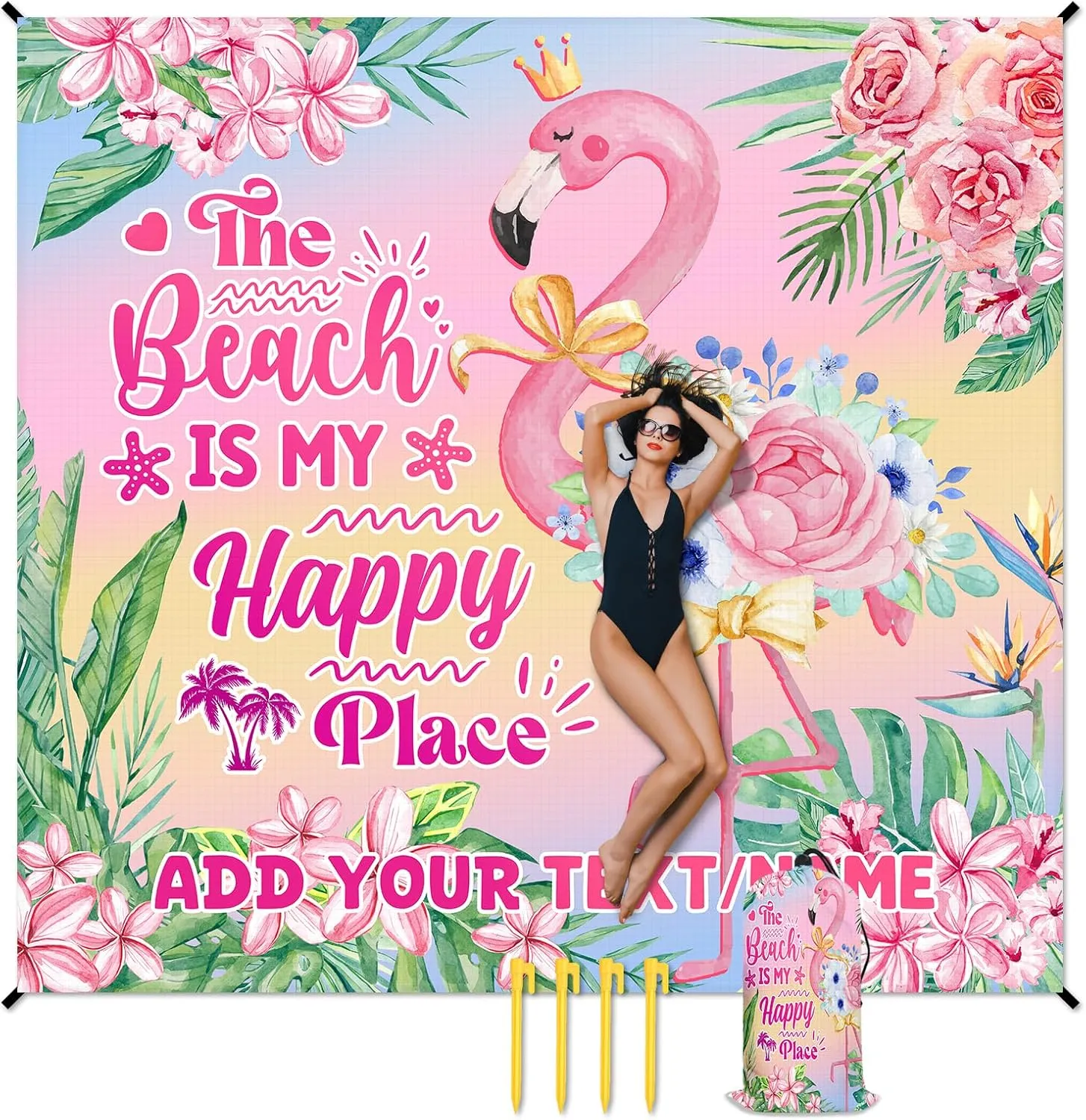 Personalized Beach Blanket Waterproof Sandproof, 118x110 Inches Custom Oversized Flamingo Beach Mat for 6-8 Adults, Pink Lightweight Windproof Picnic Blanket for Outdoor, Travel, Camping, Hiking
