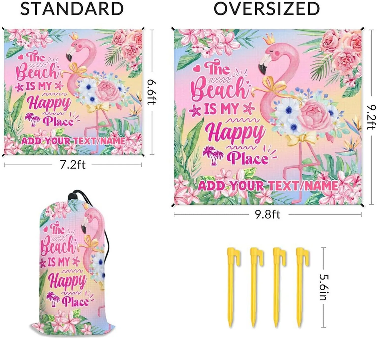 Personalized Beach Blanket Waterproof Sandproof, 118x110 Inches Custom Oversized Flamingo Beach Mat for 6-8 Adults, Pink Lightweight Windproof Picnic Blanket for Outdoor, Travel, Camping, Hiking