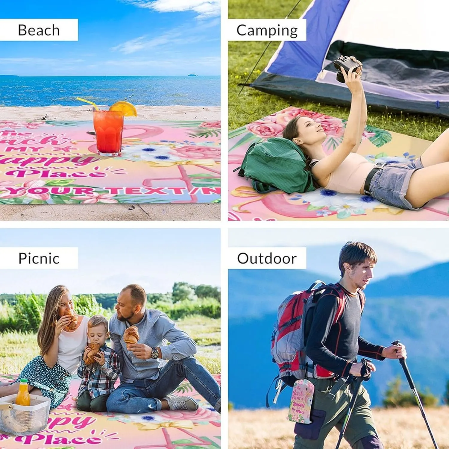 Personalized Beach Blanket Waterproof Sandproof, 118x110 Inches Custom Oversized Flamingo Beach Mat for 6-8 Adults, Pink Lightweight Windproof Picnic Blanket for Outdoor, Travel, Camping, Hiking