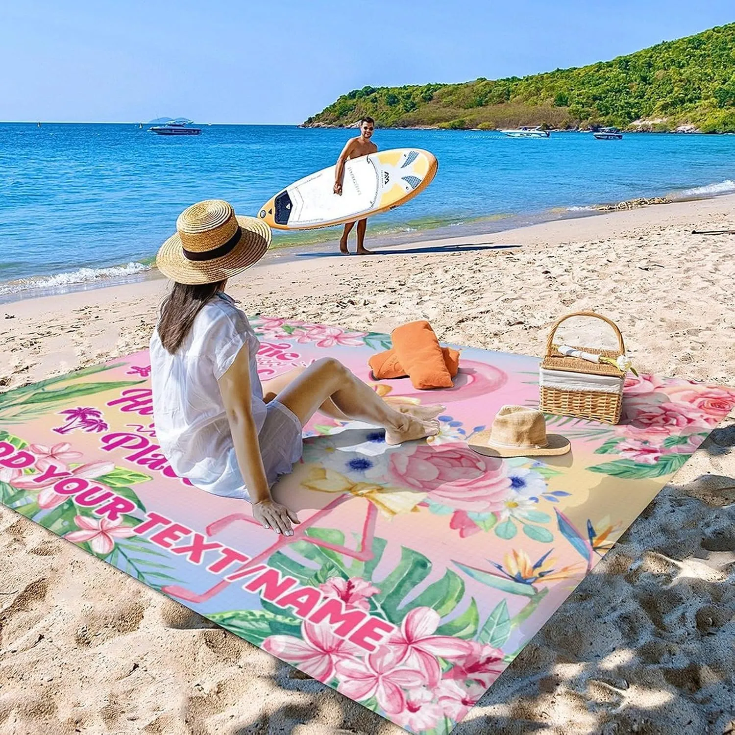 Personalized Beach Blanket Waterproof Sandproof, 118x110 Inches Custom Oversized Flamingo Beach Mat for 6-8 Adults, Pink Lightweight Windproof Picnic Blanket for Outdoor, Travel, Camping, Hiking