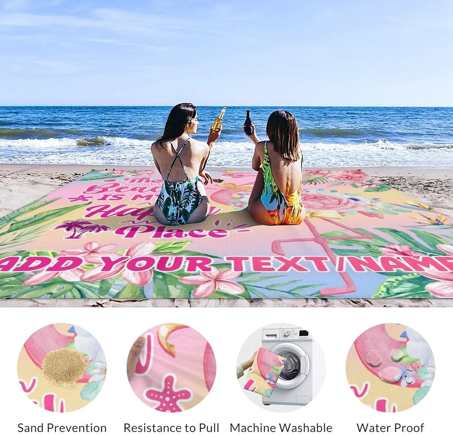 Personalized Beach Blanket Waterproof Sandproof, 118x110 Inches Custom Oversized Flamingo Beach Mat for 6-8 Adults, Pink Lightweight Windproof Picnic Blanket for Outdoor, Travel, Camping, Hiking