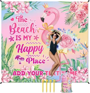 Personalized Beach Blanket Waterproof Sandproof, 118x110 Inches Custom Oversized Flamingo Beach Mat for 6-8 Adults, Pink Lightweight Windproof Picnic Blanket for Outdoor, Travel, Camping, Hiking