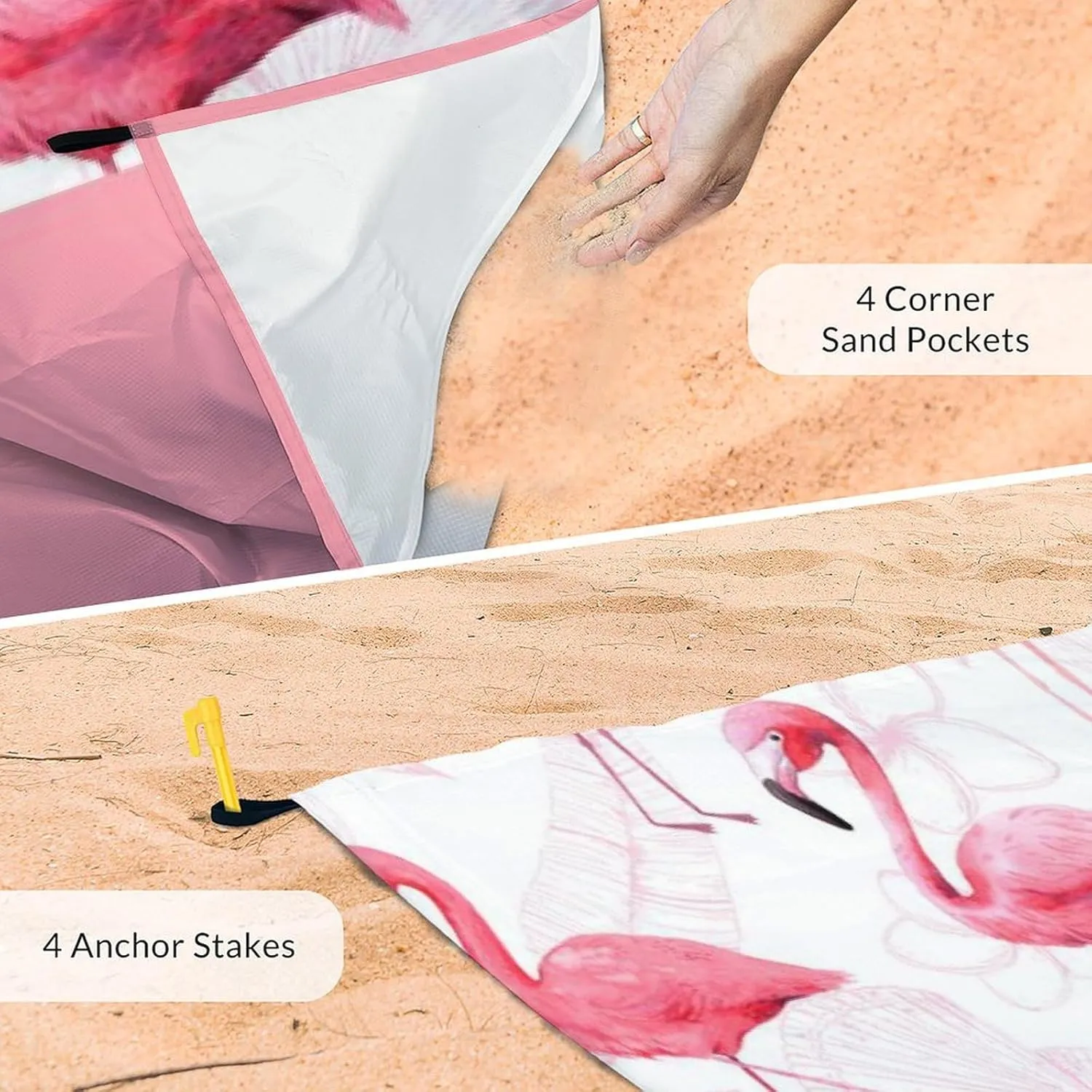 Personalized Beach Blanket Waterproof Sandproof, Custom Large Flamingo Beach Mat for 4-6 Adults, 86x78 Inches Lightweight Picnic Blanket with 4 Corner Pockets for Outdoor, Travel, Camping, Hiking