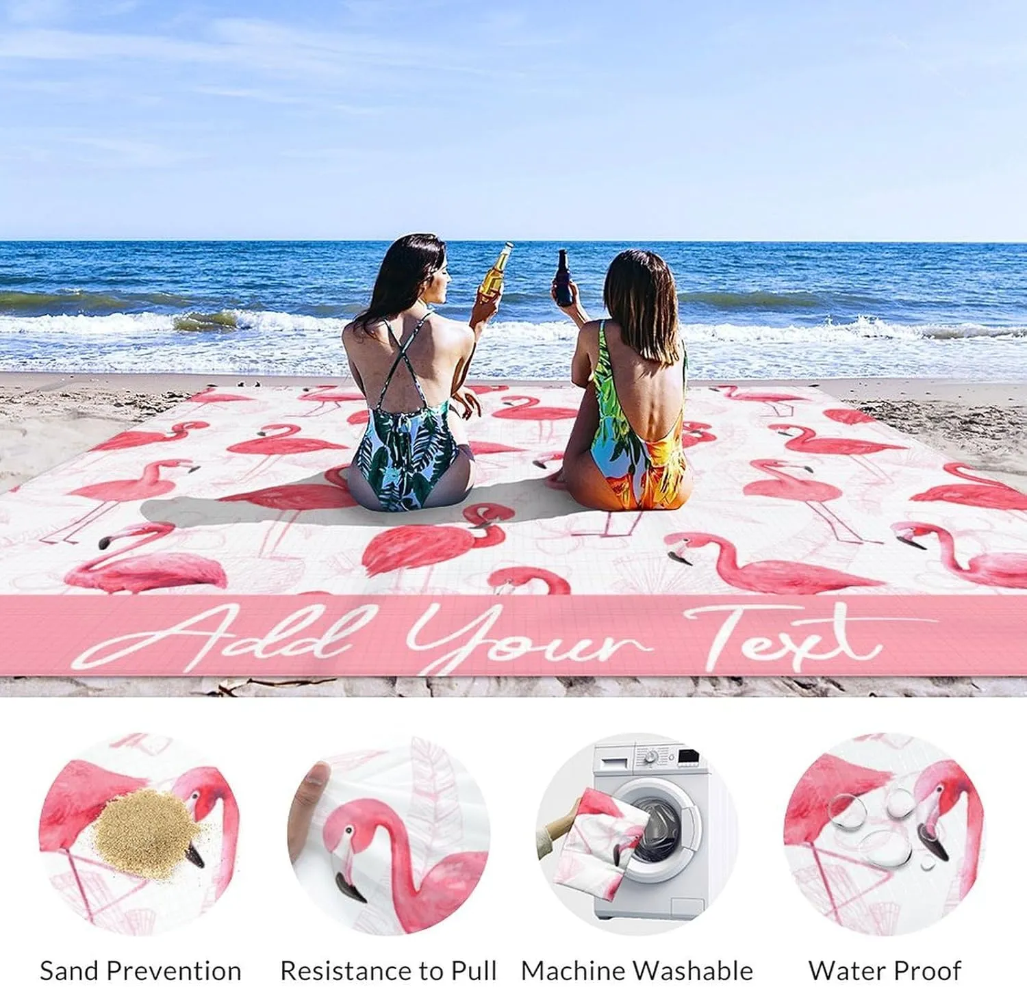 Personalized Beach Blanket Waterproof Sandproof, Custom Large Flamingo Beach Mat for 4-6 Adults, 86x78 Inches Lightweight Picnic Blanket with 4 Corner Pockets for Outdoor, Travel, Camping, Hiking