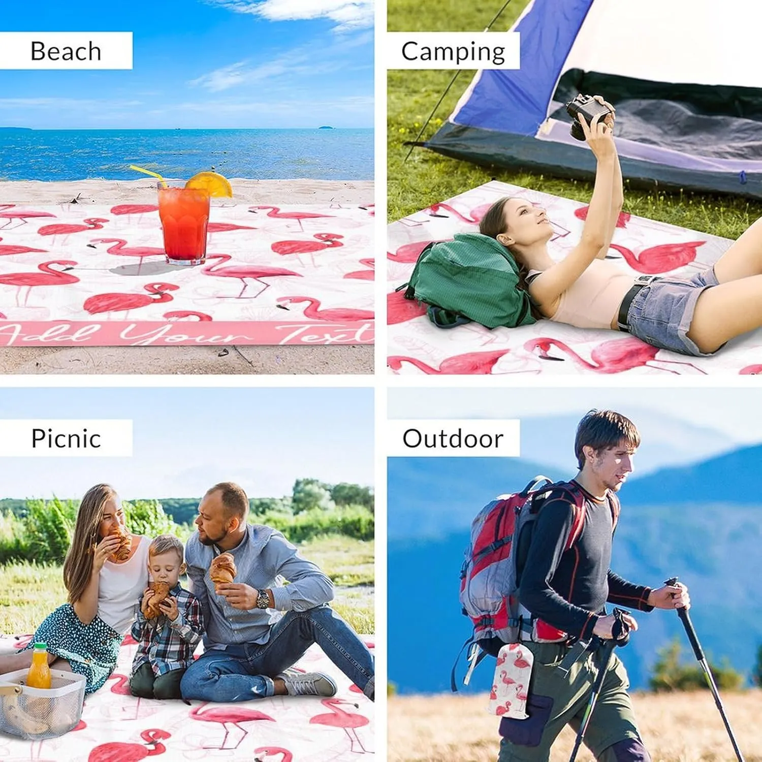 Personalized Beach Blanket Waterproof Sandproof, Custom Large Flamingo Beach Mat for 4-6 Adults, 86x78 Inches Lightweight Picnic Blanket with 4 Corner Pockets for Outdoor, Travel, Camping, Hiking
