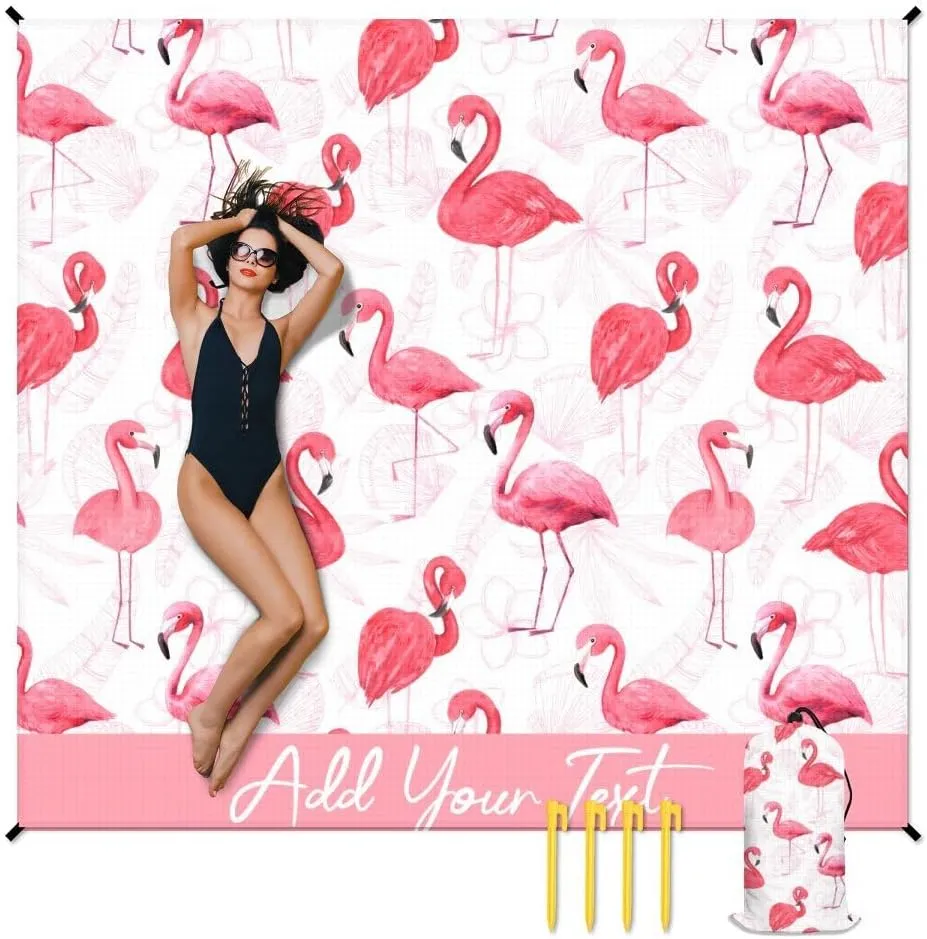 Personalized Beach Blanket Waterproof Sandproof, Custom Large Flamingo Beach Mat for 4-6 Adults, 86x78 Inches Lightweight Picnic Blanket with 4 Corner Pockets for Outdoor, Travel, Camping, Hiking
