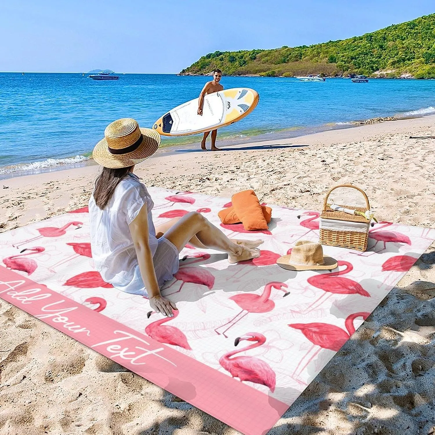 Personalized Beach Blanket Waterproof Sandproof, Custom Large Flamingo Beach Mat for 4-6 Adults, 86x78 Inches Lightweight Picnic Blanket with 4 Corner Pockets for Outdoor, Travel, Camping, Hiking