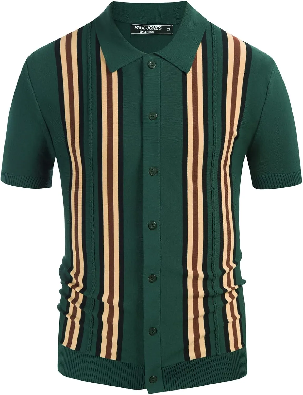 PJ PAUL JONES Mens Polo Shirts Vintage Striped Button Down Knitted Golf Shirts