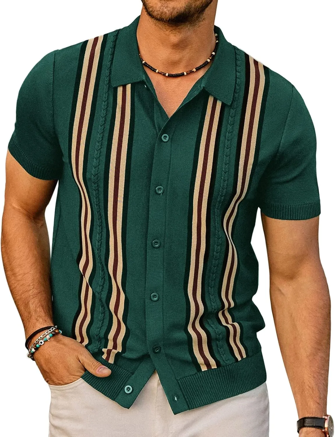 PJ PAUL JONES Mens Polo Shirts Vintage Striped Button Down Knitted Golf Shirts