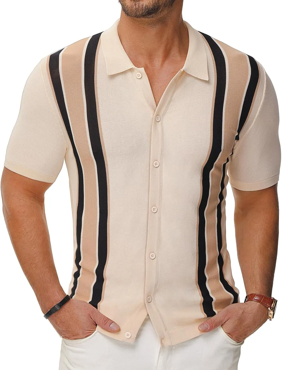 PJ Paul Jones Mens Polo Shirts Vintage Striped Lightweight Knitting Golf Shirts