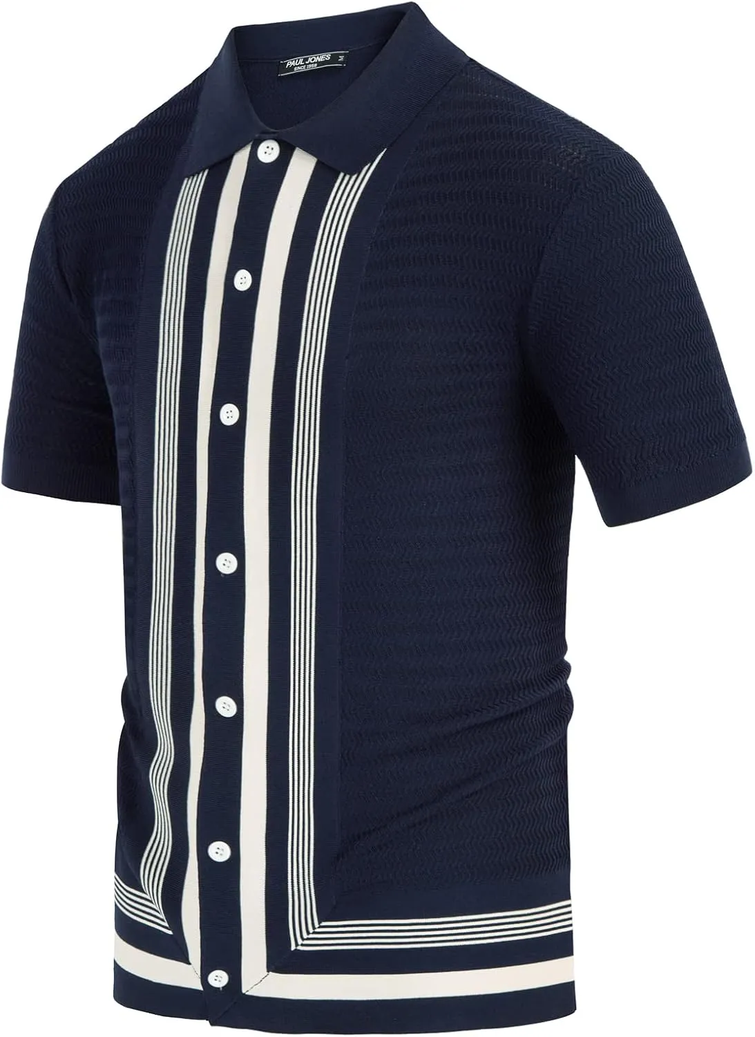 PJ PAUL JONES Men's Vintage Stripe Knit Polo Shirts Short Sleeve Stylish Button Down Cardigan Sweater