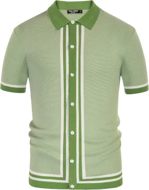 PJ PAUL JONES Men's Vintage Stripe Knit Polo Shirts Short Sleeve Stylish Button Down Cardigan Sweater