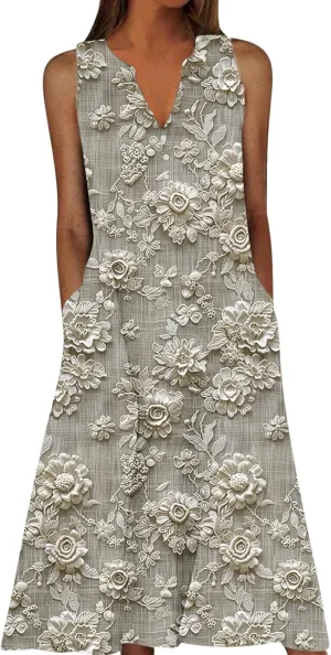 Plus Size 3D Printed Boho Midi Dress Women Sleeveless V Neck Flowy Tank Dresses Summer Casual Beach A-Line Sundress