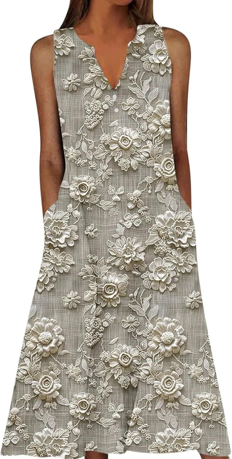 Plus Size 3D Printed Boho Midi Dress Women Sleeveless V Neck Flowy Tank Dresses Summer Casual Beach A-Line Sundress
